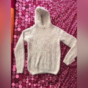 Fuzzy yellow white & grey hooded sweater